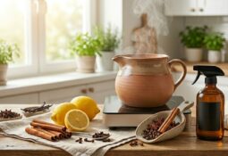 Seramik kapta kaynayan tarçınlı doğal ev kokusu malzemeleri, taze limonlar ve koyu renkli sprey şişesi.