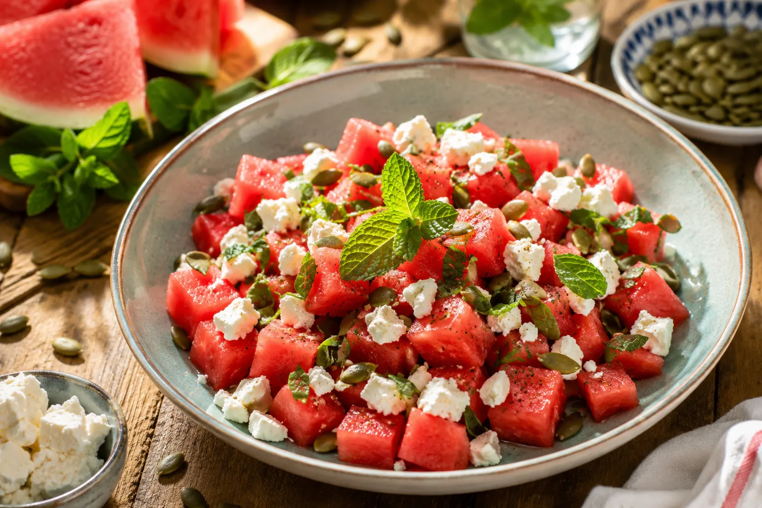 Karpuz salatası; karpuz, beyaz peynir, kabak çekirdeği ve taze nane