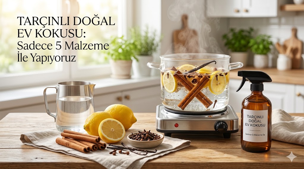 Tencerede kaynayan tarçınlı doğal ev kokusu malzemeleri, limon dilimleri ve sprey şişesi