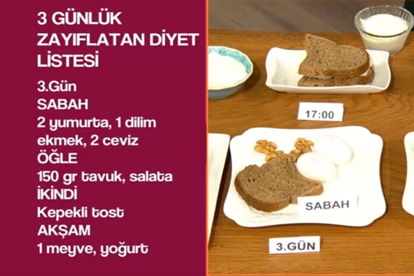 diyetisyen seçil kenar 3 günlük diyet listesi