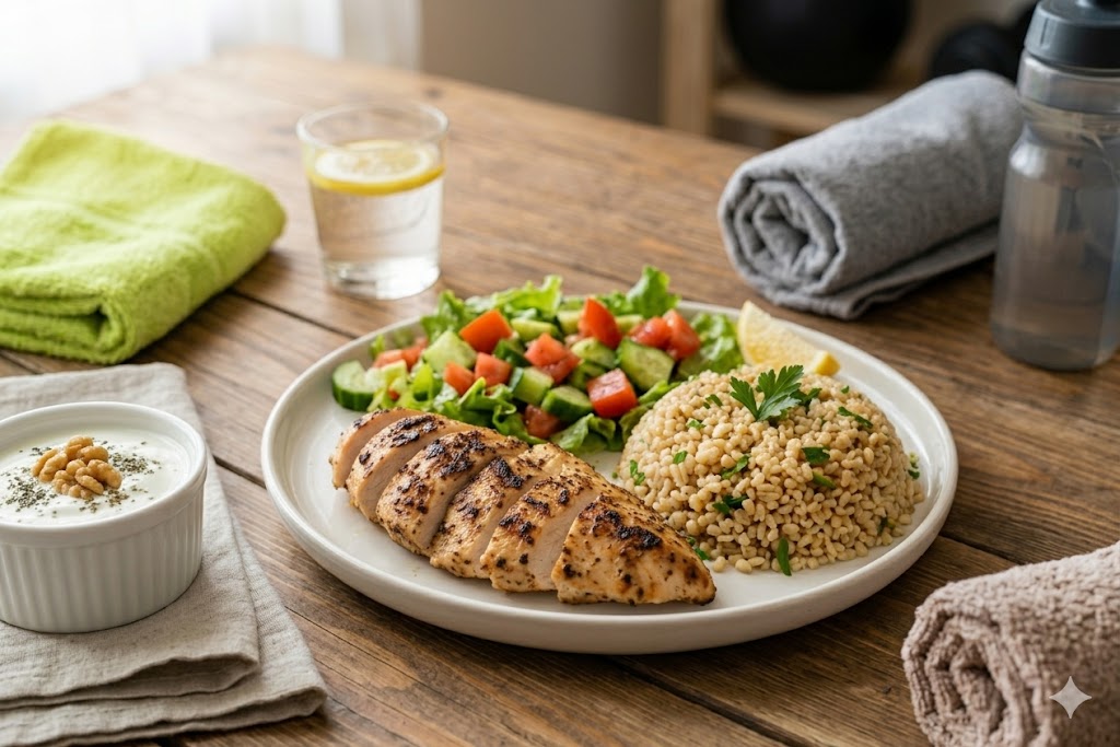 En İyi Diyet Programı listesindeki öğle yemeği; ızgara tavuk göğsü, bulgur pilavı, taze salata ve yoğurt içeren sağlıklı tabak.