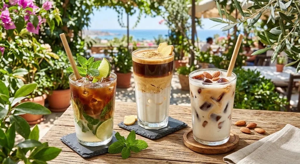 Ahşap masada yan yana dizilmiş nane ve misket limonlu Mojito Kahve, zencefilli macchiato ve demlenmiş kahve küpleri içeren badem sütlü soğuk kahveler.