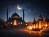 Berat Kandili gecesini simgeleyen cami, hilal ay ve fenerlerle hazırlanan manevi atmosferli yatay görsel