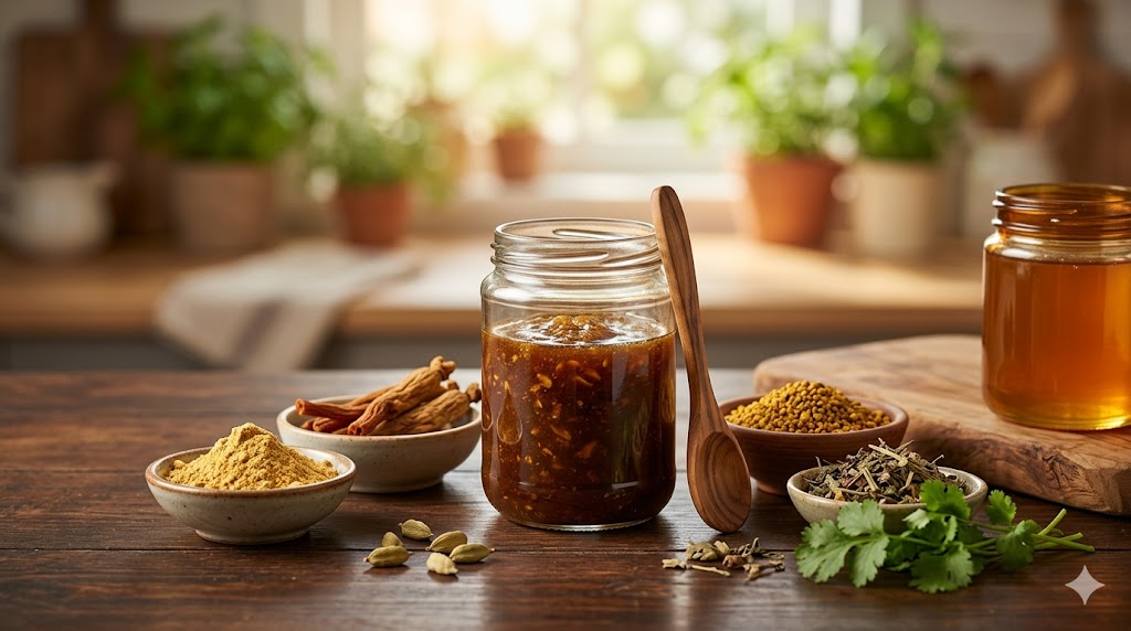 Doğal bal, ginseng ve polen ile hazırlanan enerji veren macun ve bitkisel malzemeler.