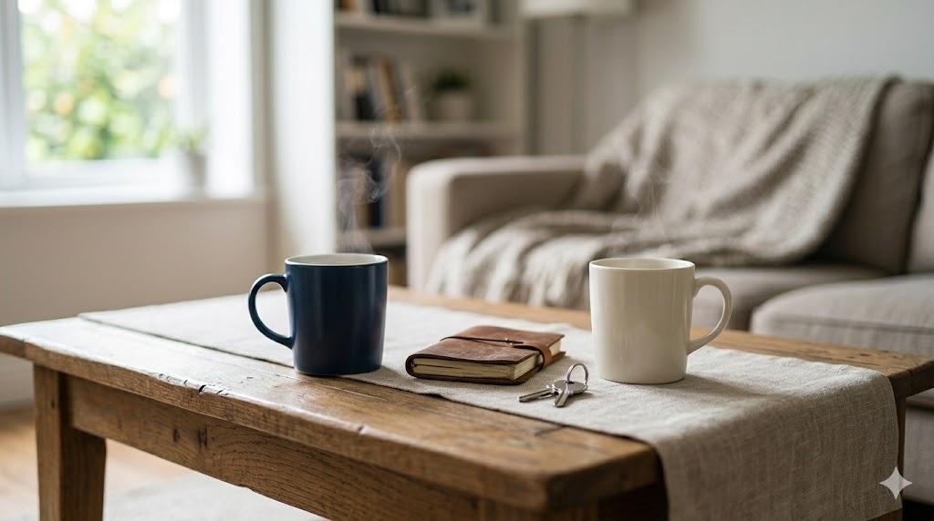 Huzurlu bir ev ortamında ahşap masa üzerinde yan yana duran iki kahve fincanı ve anahtarlar; erkekler için ciddi ilişkinin korkutucu olmayan, güvenli tarafını simgeleyen dekoratif görsel.