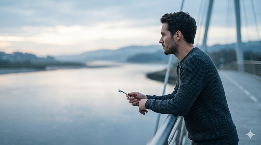 Bir köprü üzerinde tek başına durup uzaklara bakan düşünceli bir adam; erkekler dünyasındaki bağlanma korkusu ve içsel kararsızlığı simgeleyen görsel