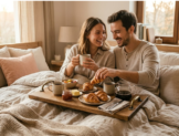 Yatakta kahvaltı yapan mutlu bir çift ve el yapımı ahşap keyif tepsisi yapımı örneği.