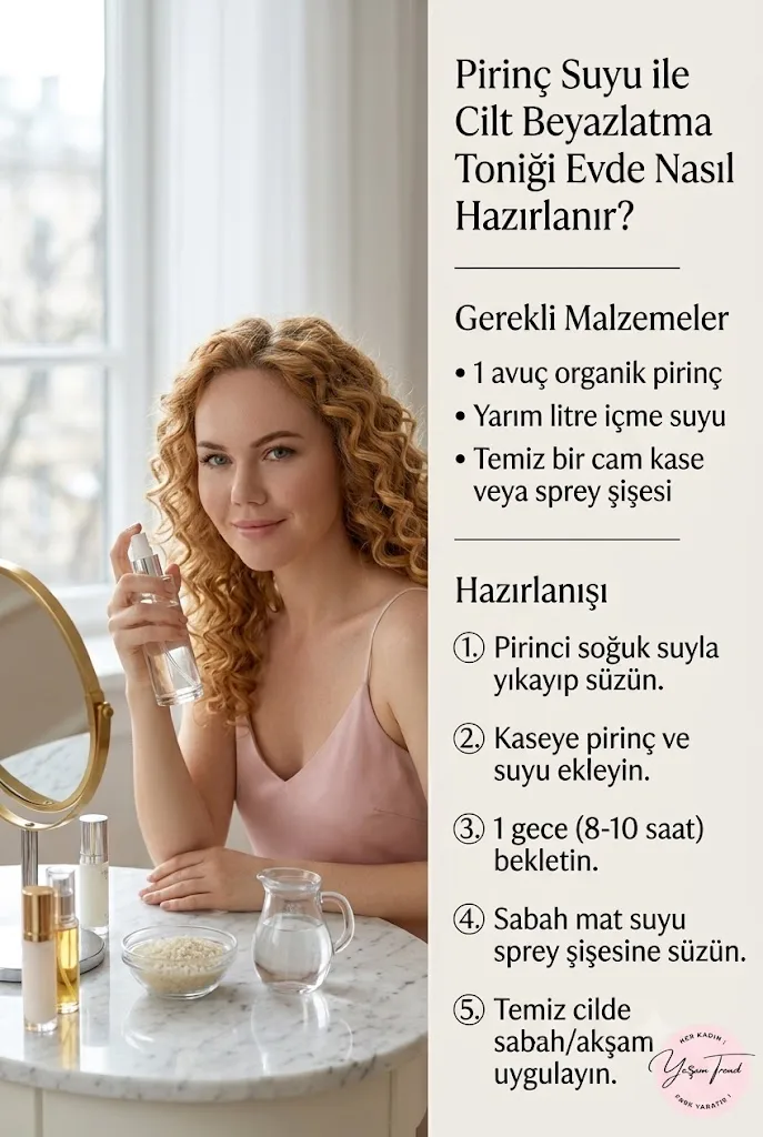 Evde adım adım pirinç suyu ile cilt beyazlatma toniği hazırlanışını gösteren infografik ve tonik uygulayan kadın.