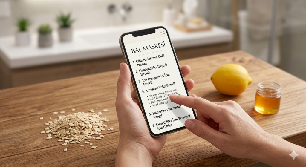 Akıllı telefon ekranında "BAL MASKESİ" başlığı altında yulaf ezmeli maske tarifi okunurken, ahşap masa üzerinde kuru yulaf, limon ve bal kavanozu görülüyor. Bir parmak ekranda kaydırma hareketi yapıyor.
