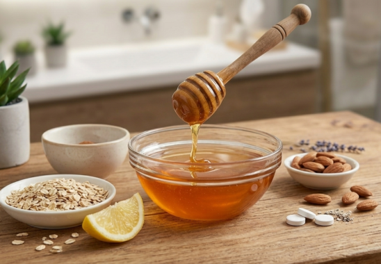 Ahşap bir masa üzerinde cam kaseden süzülen bal, yanında yulaf ezmesi, yarım limon, badem ve aspirinin bulunduğu, arka planda aydınlık bir banyonun göründüğü doğal cilt bakımı görseli.