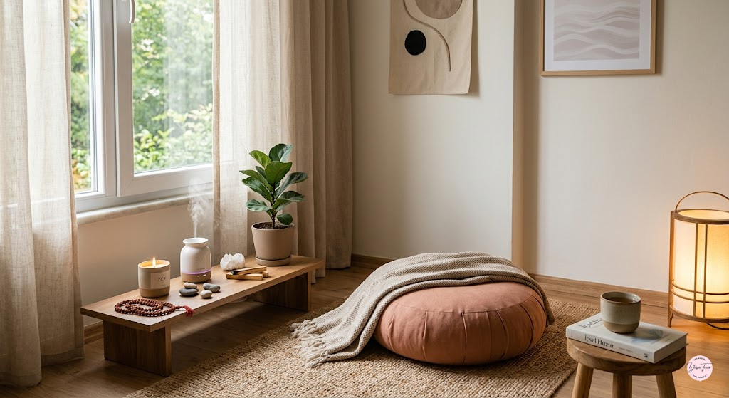 Doğal ışık alan bir odada minder, mumlar ve tütsü ile hazırlanmış şık bir evde meditasyon köşesi.