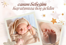 Yeni doğmuş bir bebeğin fotoğraflarının yer aldığı, “canım bebeğim hayatımıza hoş geldin” yazılı hoş geldin kartı; hastanede dağıtmak için hazırlanan bebek hediyelikleri arasında yer alan zarif bir tasarım.
