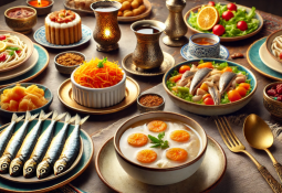 10.Gün Ramazan iftar menüsü, ezogelin çorbası, hamsi buğulama ve zümrüt tatlısı ile hazırlanmış şık bir sofra.