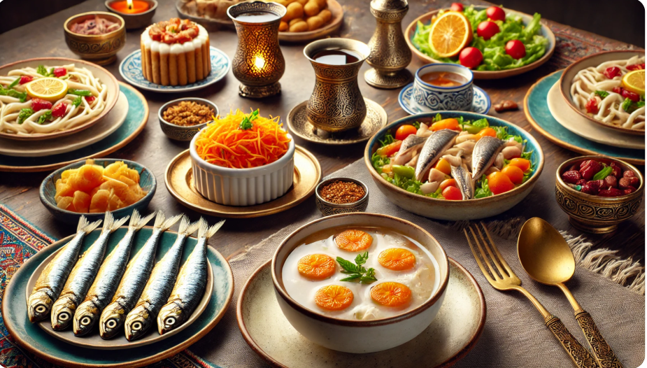 10.Gün Ramazan iftar menüsü, ezogelin çorbası, hamsi buğulama ve zümrüt tatlısı ile hazırlanmış şık bir sofra.