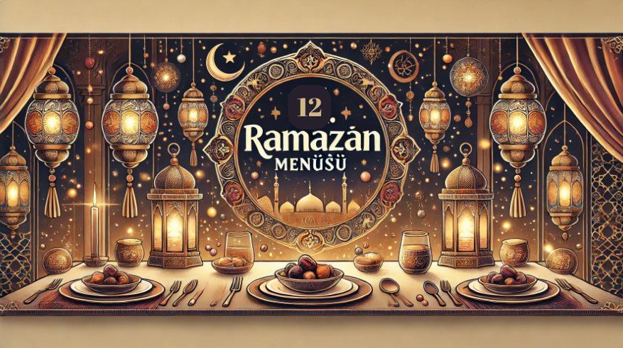 12.Ramazan Menüsü için özel tasarlanmış öne çıkan görsel. Fenerler, hurma, hilal ve sıcak bir iftar atmosferi ile Ramazan ruhunu yansıtıyor.