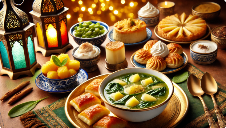 13.Ramazan iftar sofrası, ıspanak çorbası, patatesli börek, tirit ve Şam tatlısı ile hazırlanmış.