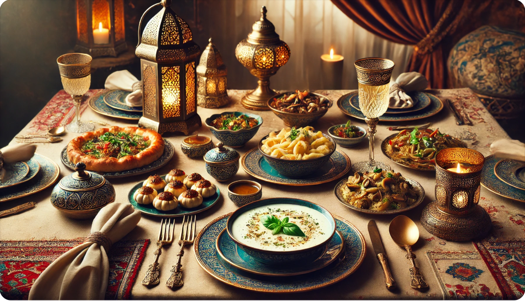 7.Gün Ramazan Menüsü iftar sofrası, un çorbası, mantar sote, kremalı fesleğenli makarna ve Padişah Yastığı tatlısı ile donatılmış.