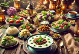 8.Gün Ramazan iftar sofrası; yoğurt çorbası, kıymalı karnabahar, pirinç pilavı, salata ve şıllık tatlısı ile süslenmiş geleneksel bir masa.