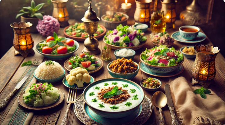 8.Gün Ramazan iftar sofrası; yoğurt çorbası, kıymalı karnabahar, pirinç pilavı, salata ve şıllık tatlısı ile süslenmiş geleneksel bir masa.