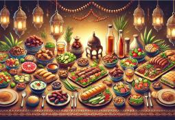 amazan sofralarına ait sağlıklı ve besleyici yiyecekler: hurma, çorba, ızgara et, salatalar ve taze ekmek ile donatılmış geleneksel bir Ramazan masası.