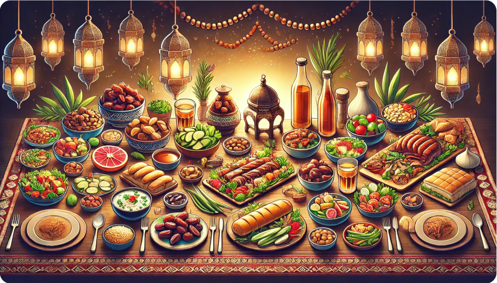 amazan sofralarına ait sağlıklı ve besleyici yiyecekler: hurma, çorba, ızgara et, salatalar ve taze ekmek ile donatılmış geleneksel bir Ramazan masası.