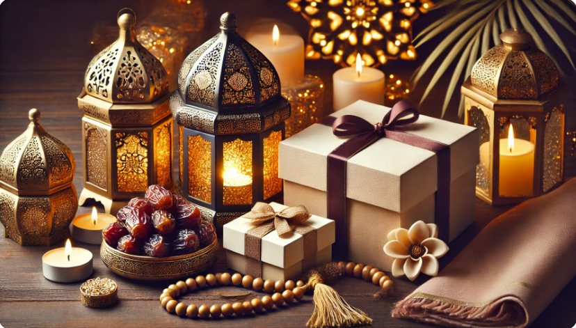 Ramazan hediyesi olarak sunulan hurma, tesbih, seccade ve dekoratif fenerler