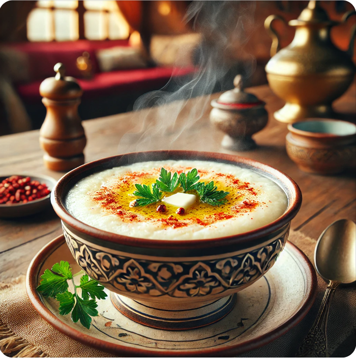 7.Gün Ramazan Menüsü. Tereyağlı ve baharatlı un çorbası, sıcak ve kremamsı dokusuyla servis ediliyor.
