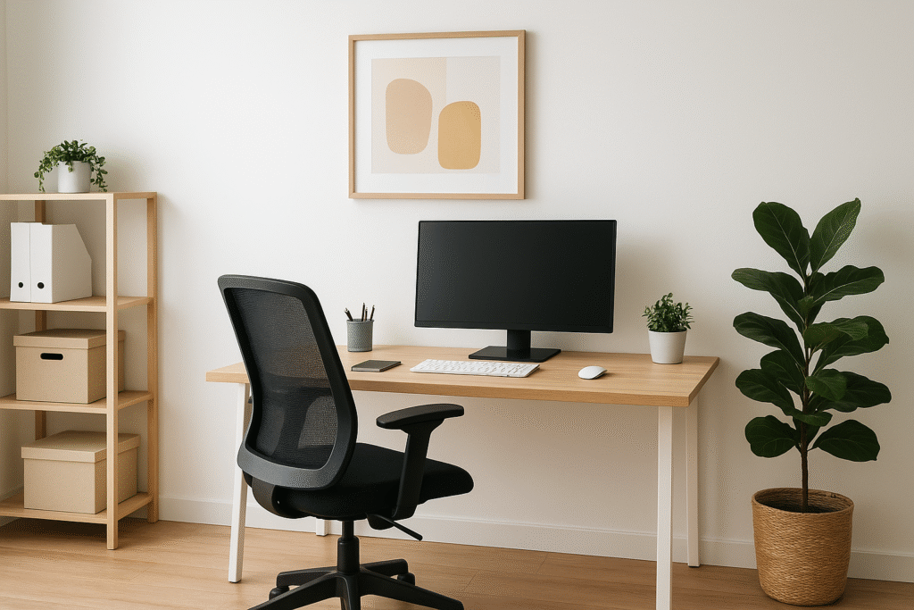 Modern bir çalışma odası dekorasyonu, verimliliği artırmak için düzenlenmiş minimal masa, ergonomik sandalye ve bitkiler.