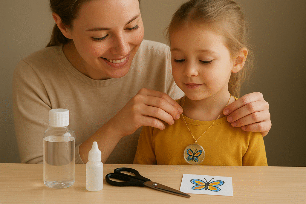 Anne ve kızı birlikte reçine kolye yapıyor, çocuk çizimini kolyeye dönüştürüyor.