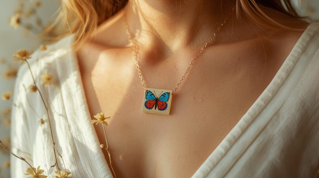 Kelebek desenli şeffaf reçine kolye zarif bir boyunda sergileniyor.