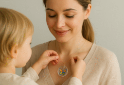 Çocuğu annesine kelebek desenli reçine kolye takıyor.