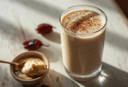 Cam bardakta sunulmuş tahinli hurmalı shake, yanında hurma ve bir kasede tahin.