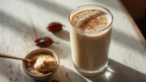 Cam bardakta sunulmuş tahinli hurmalı shake, yanında hurma ve bir kasede tahin.