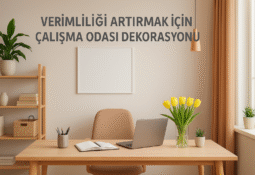 Modern bir çalışma odası dekorasyonu; ahşap masa, laptop, sarı laleler, ergonomik sandalye ve bitkilerle verimliliği artırmak için düzenlenmiş ilham verici ortam.