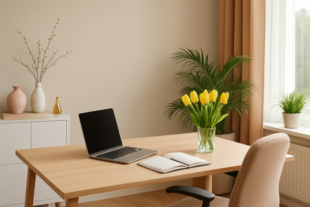 Modern bir ev ofis dekorasyonu; ahşap masa üzerinde laptop, defterler ve bitkiler, ergonomik sandalye ve doğal ışıkla verimliliği artırmaya yönelik düzenli bir çalışma alanı.