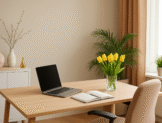 Modern bir ev ofis dekorasyonu; ahşap masa üzerinde laptop, defterler ve bitkiler, ergonomik sandalye ve doğal ışıkla verimliliği artırmaya yönelik düzenli bir çalışma alanı.