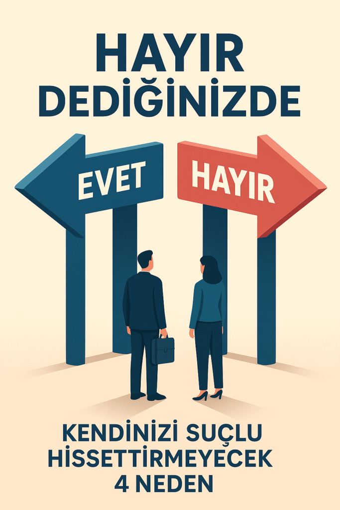 Hayır dediğinizde” karar verme anını temsil eden, EVET ve HAYIR yazılı iki ok arasında duran kadın ve erkek figürlerini gösteren dikey illüstrasyon.