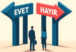 Hayır dediğinizde” yaşanan kararsızlığı temsil eden, EVET ve HAYIR yön okları arasında duran bir erkek ve kadın figürünün yer aldığı illüstrasyon.