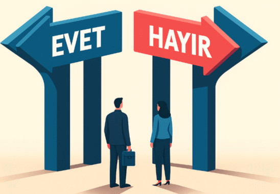 Hayır dediğinizde” yaşanan kararsızlığı temsil eden, EVET ve HAYIR yön okları arasında duran bir erkek ve kadın figürünün yer aldığı illüstrasyon.