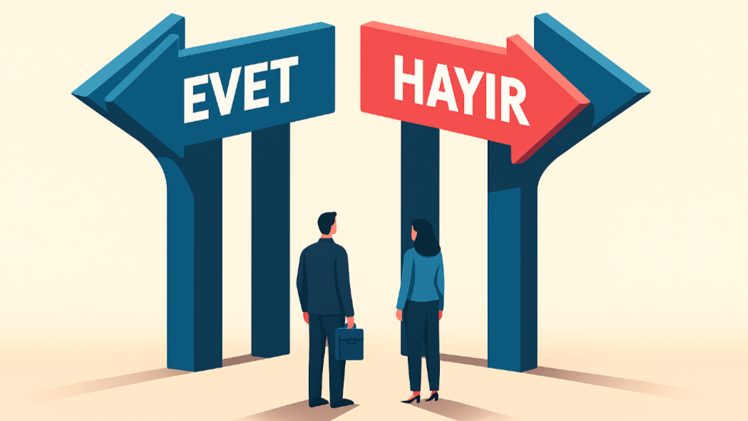 Hayır dediğinizde” yaşanan kararsızlığı temsil eden, EVET ve HAYIR yön okları arasında duran bir erkek ve kadın figürünün yer aldığı illüstrasyon.