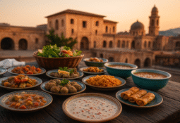 Mardin Yemekleri arasında yer alan Kıtel Raha, Lebeni çorbası, Mardin tatlısı ve yöresel et yemeklerinin bir arada sunulduğu iştah açıcı görsel