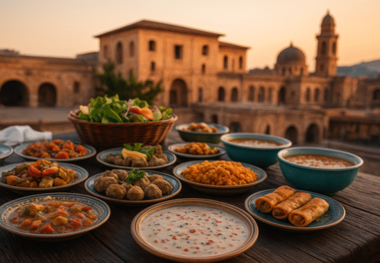 Mardin Yemekleri arasında yer alan Kıtel Raha, Lebeni çorbası, Mardin tatlısı ve yöresel et yemeklerinin bir arada sunulduğu iştah açıcı görsel