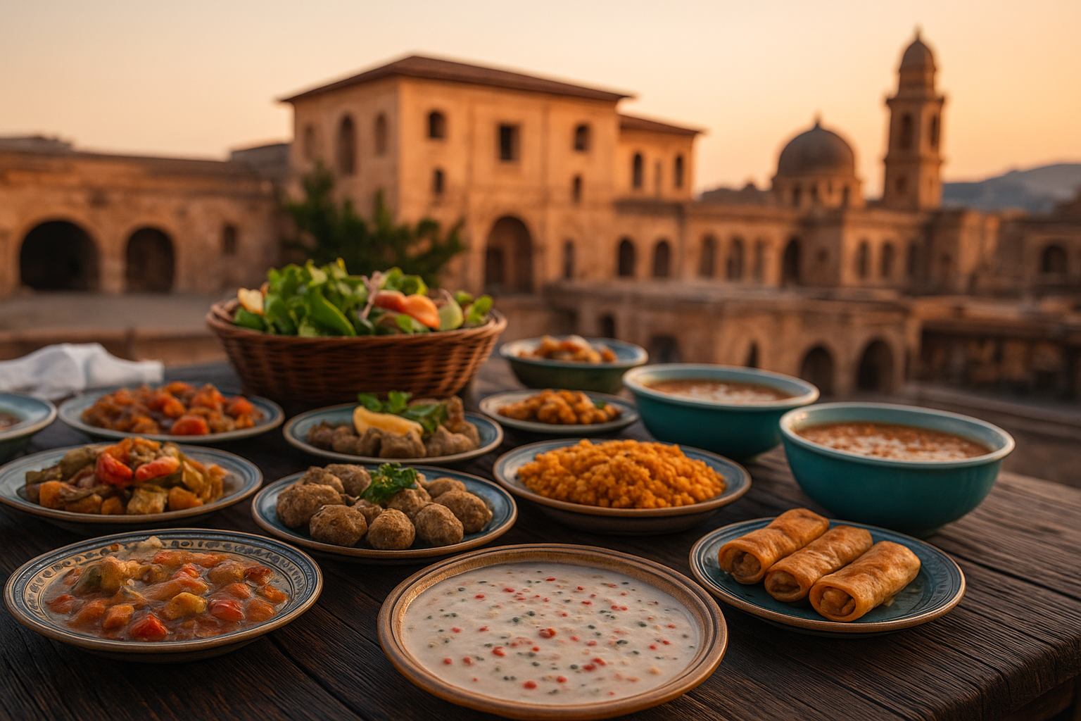 Mardin Yemekleri arasında yer alan Kıtel Raha, Lebeni çorbası, Mardin tatlısı ve yöresel et yemeklerinin bir arada sunulduğu iştah açıcı görsel