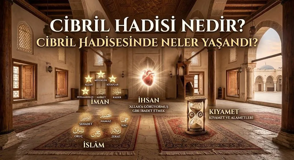 Bir cami iç mekanında Cibril hadisi ne dayanan İman, İslam ve İhsan kavramlarını gösteren sembolik bir infografik sunumu