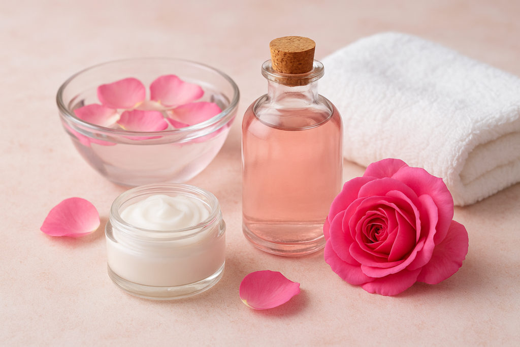 Cilt bakımında kullanılan doğal gül suyu, cam şişe, gül yaprakları ve doğal bakım ürünleri ile hazırlanmış yatay konsept görsel.