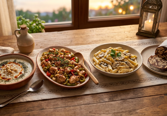 26.İftar Menüsü için hazırlanan mantı çorbası, kekikli tavuk sote, kremalı makarna ve mozaik pasta tabaklarının bulunduğu şık bir sofra.