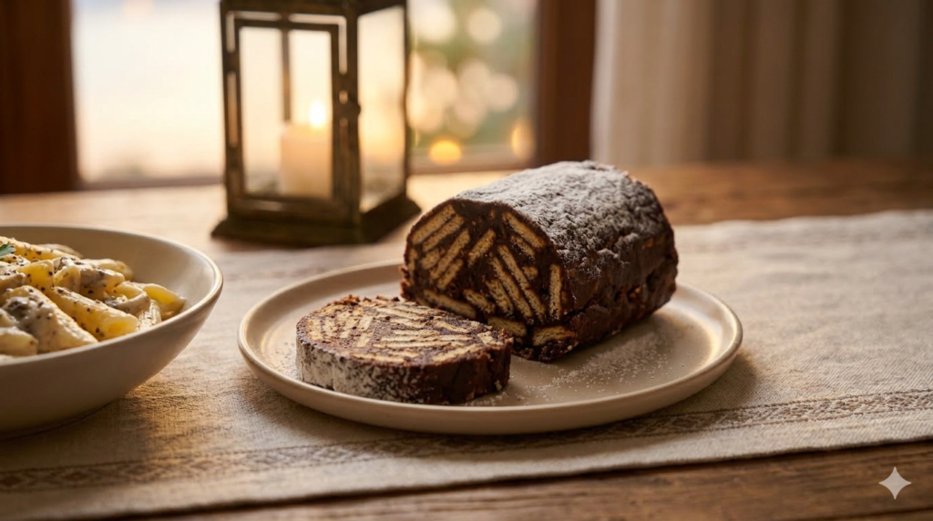 26.İftar Menüsü tatlısı; pudra şekeri serpilmiş mozaik pasta dilimleri ve arkada bulanık kalan lantern ışığı.