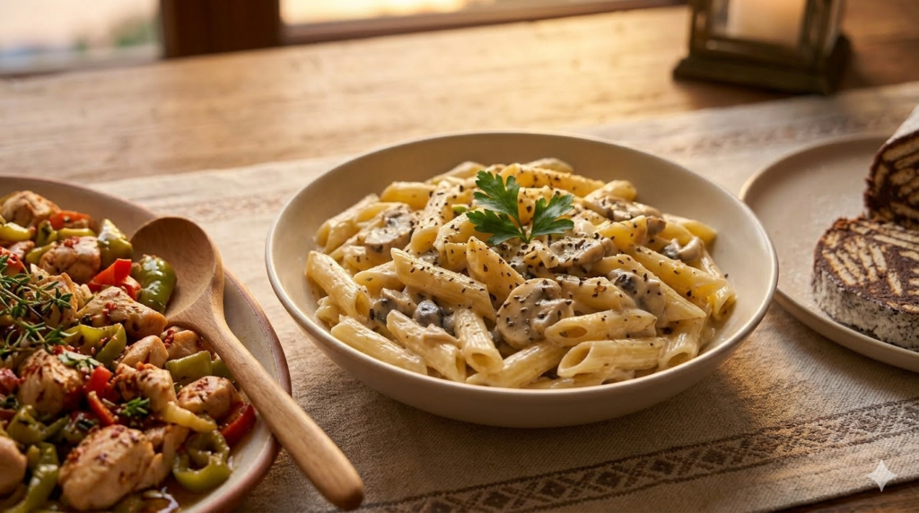 26.İftar Menüsü ana yemeği kekikli tavuk sote ve ipeksi soslu kremalı makarna tabağının detayı.