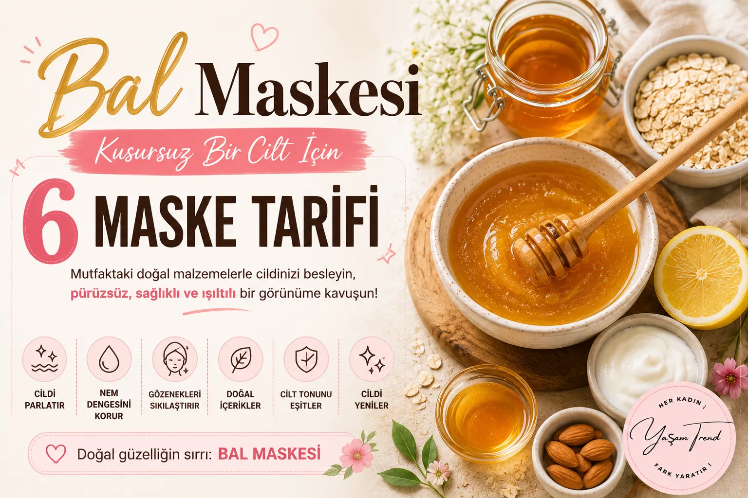 Bal maskesi hazırlamak için bal, limon, yulaf ve doğal malzemelerle hazırlanmış ev yapımı cilt bakım maskeleri.