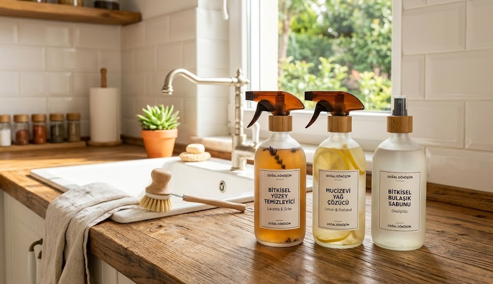 Aydınlık, modern bir mutfakta ahşap tezgah üzerinde duran, minimalist etiketli ve doğal içerikli bitkisel temizlik ürünleri şişeleri.